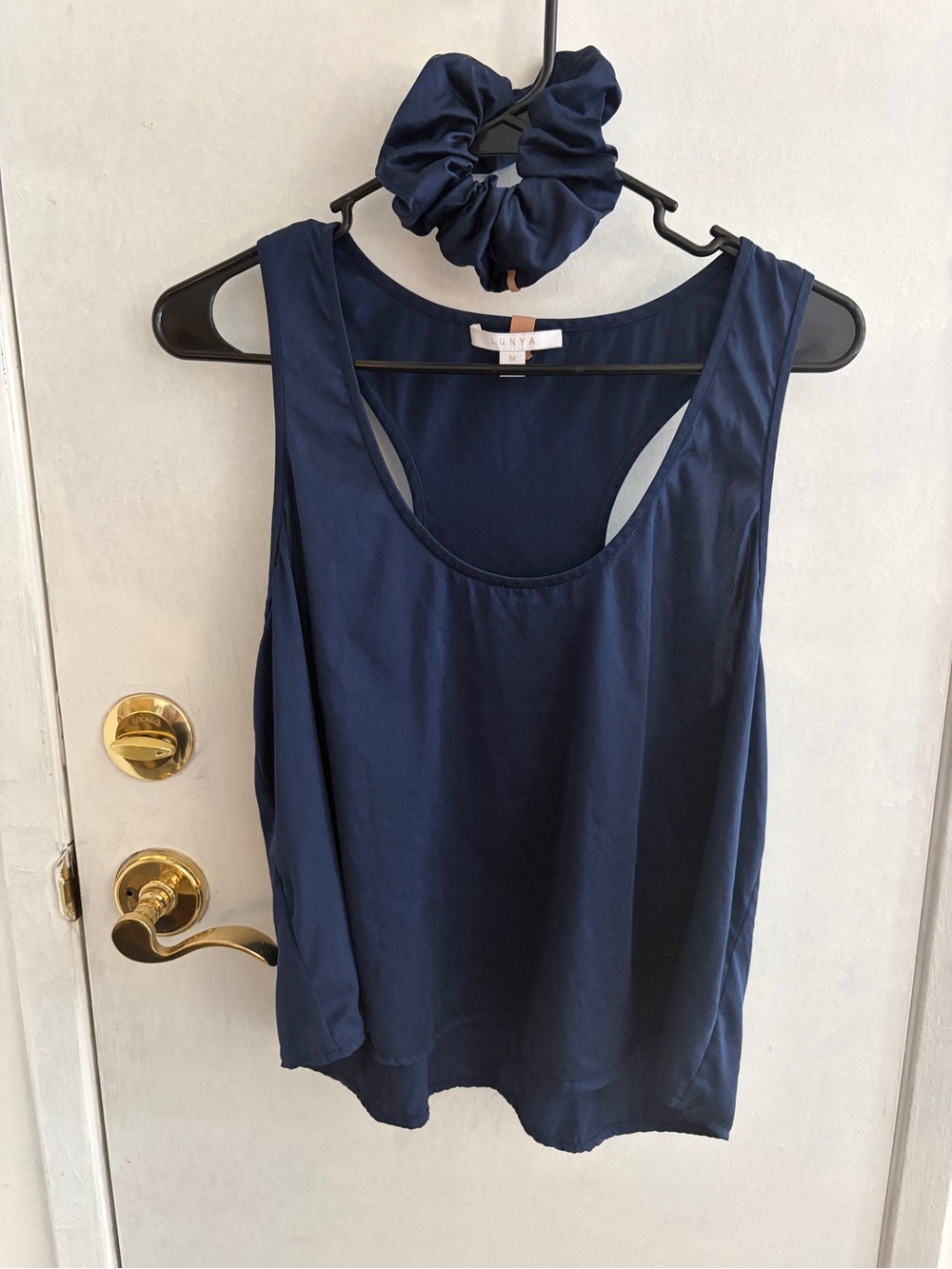 Lunya Washable Silk Racerback Tank and Scrunchie set in Deep Blue | Medium